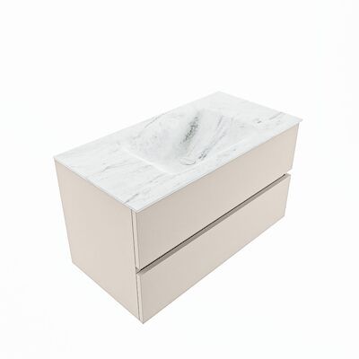 MONDIAZ VICA-DLUX 90cm badmeubel onderkast Linen 2 lades. Inbouw wastafel CLOUD midden zonder kraangat, kleur Opalo, en spiegel model SPOT