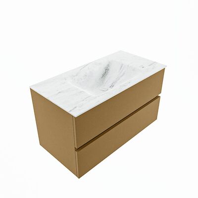 MONDIAZ VICA-DLUX 90cm badmeubel onderkast Oro 2 lades. Inbouw wastafel CLOUD midden 1 kraangat, kleur Opalo, en spiegel model SPOT