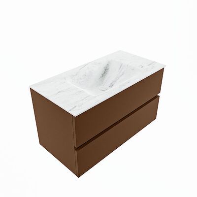 MONDIAZ VICA-DLUX 90cm badmeubel onderkast Rust 2 lades. Inbouw wastafel CLOUD midden 1 kraangat, kleur Opalo, en spiegel model SPOT