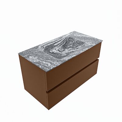 MONDIAZ VICA-DLUX 90cm badmeubel onderkast Rust 2 lades. Inbouw wastafel CLOUD midden zonder kraangat, kleur Lava, en spiegel model SPOT