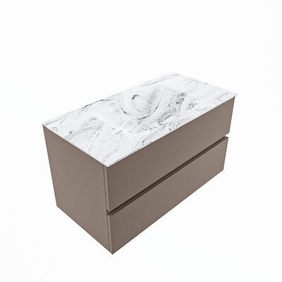 MONDIAZ VICA-DLUX 90cm badmeubel onderkast Smoke 2 lades. Inbouw wastafel CLOUD midden zonder kraangat, kleur Glace, en spiegel model SPOT