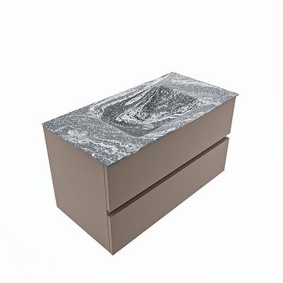 MONDIAZ VICA-DLUX 90cm badmeubel onderkast Smoke 2 lades. Inbouw wastafel CLOUD midden zonder kraangat, kleur Lava, en spiegel model SPOT