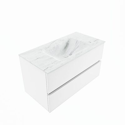 MONDIAZ VICA-DLUX 90cm badmeubel onderkast Talc 2 lades. Inbouw wastafel CLOUD midden 1 kraangat, kleur Opalo, en spiegel model SPOT