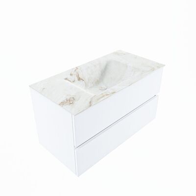 MONDIAZ VICA-DLUX 90cm badmeubel onderkast Talc 2 lades. Inbouw wastafel CLOUD midden zonder kraangat, kleur Frappe, en spiegel model SPOT