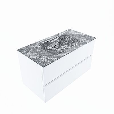 MONDIAZ VICA-DLUX 90cm badmeubel onderkast Talc 2 lades. Inbouw wastafel CLOUD midden zonder kraangat, kleur Lava, en spiegel model SPOT