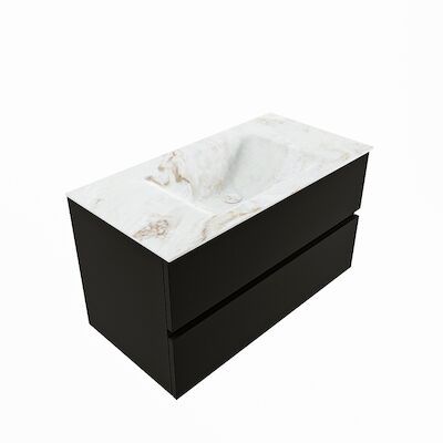 MONDIAZ VICA-DLUX 90cm badmeubel onderkast Urban 2 lades. Inbouw wastafel CLOUD midden 1 kraangat, kleur Frappe, en spiegel model SPOT