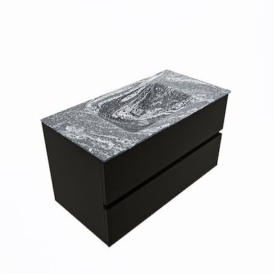 MONDIAZ VICA-DLUX 90cm badmeubel onderkast Urban 2 lades. Inbouw wastafel CLOUD midden 1 kraangat, kleur Lava, en spiegel model SPOT
