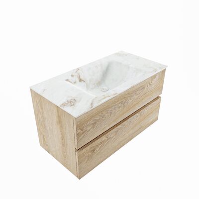 MONDIAZ VICA-DLUX 90cm badmeubel onderkast Washed Oak 2 lades. Inbouw wastafel CLOUD midden 1 kraangat, kleur Frappe, en spiegel model SPOT