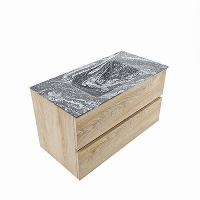 MONDIAZ VICA-DLUX 90cm badmeubel onderkast Washed Oak 2 lades. Inbouw wastafel CLOUD midden 1 kraangat, kleur Lava, en spiegel model SPOT
