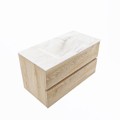 MONDIAZ VICA-DLUX 90cm badmeubel onderkast Washed Oak 2 lades. Inbouw wastafel CLOUD midden 1 kraangat, kleur Ostra, en spiegel model SPOT