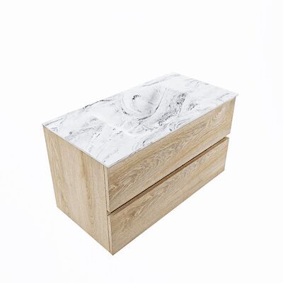MONDIAZ VICA-DLUX 90cm badmeubel onderkast Washed Oak 2 lades. Inbouw wastafel CLOUD midden zonder kraangat, kleur Glace, en spiegel model SPOT
