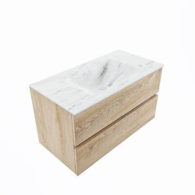 MONDIAZ VICA-DLUX 90cm badmeubel onderkast Washed Oak 2 lades. Inbouw wastafel CLOUD midden zonder kraangat, kleur Opalo, en spiegel model SPOT