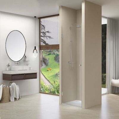 Nisdeur Van Rijn Draaideur 8 mm Met Vaste Wand 87×200 cm Chroom Incl Zwart Muurprofiel