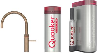 Quooker Fusion Round messing patina met PRO3 boiler en CUBE reservoir 5-in-1 kokend water kraan