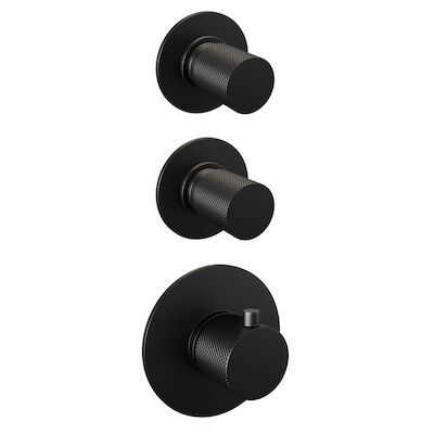Regendoucheset Inbouw Brauer Black Carving Thermostatisch 20cm met Gebogen Wandarm, Glijstang en Handdouche Staaf Losse Stopkranen Mat Zwart