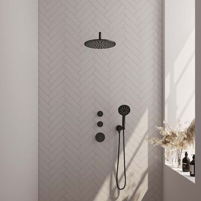 Regendoucheset Inbouw Brauer Black Carving Thermostatisch 30cm met Gebogen Wandarm en Handdouche 3-Standen Losse Stopkranen Mat Zwart