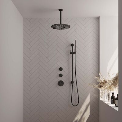 Regendoucheset Inbouw Brauer Black Carving Thermostatisch 30cm met Plafondarm, Glijstang en Handdouche Staaf Losse Stopkranen Mat Zwart