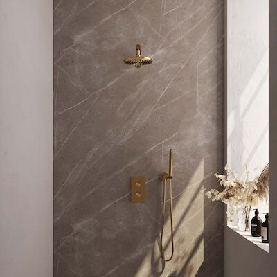 Regendoucheset Inbouw Brauer Gold Edition Thermostatisch 20cm met 3-Weg Omstelling, Plafondarm, Glijstang en Handdouche 3-Standen Geborsteld Goud