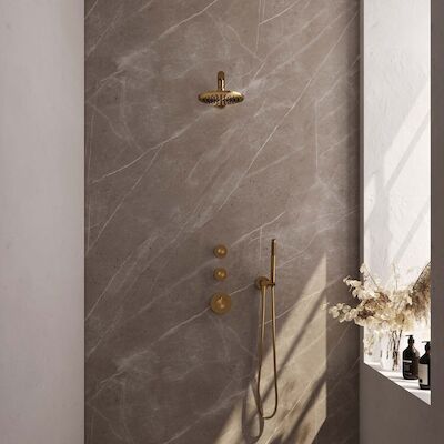 Regendoucheset Inbouw Brauer Gold Edition Thermostatisch 30cm met Plafondarm en Handdouche 3-Standen Losse Stopkranen Geborsteld Goud