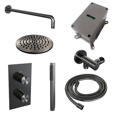 Regendoucheset Inbouw Brauer Gunmetal Edition Thermostatisch 20cm met 3-Weg Omstelling, Gebogen Wandarm en Staaf Handdouche Geborsteld Gunmetal