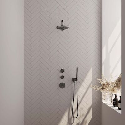 Regendoucheset Inbouw Brauer Gunmetal Edition Thermostatisch 20cm met Wandarm, Glijstang en Handdouche Staaf Losse Stopkranen Geborsteld Gunmetal