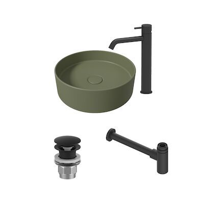 Salenzi Waskomset Hide Circle 40×12 cm Incl Hoge Kraan Mat Legergroen (Keuze Uit 4 Kleuren Kranen)