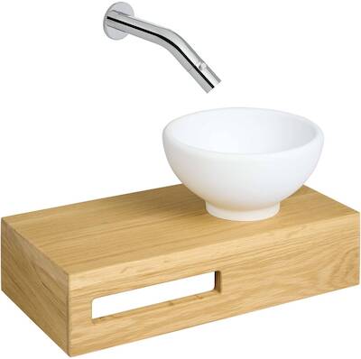 Saqu Bowl Deluxe fonteinset met chromen fonteinkraan rechts 40x21x10cm eiken/mat wit