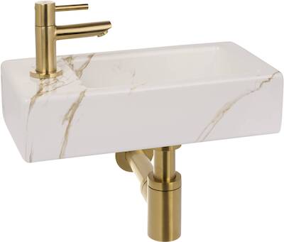 Saqu fonteinset met geborsteld messing kraan links 36x18x9cm carrara
