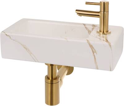 Saqu fonteinset met geborsteld messing kraan rechts 36x18x9cm carrara