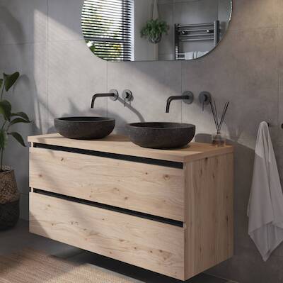 Saqu Gaia voorgemonteerd badmeubel incl. afdekblad met zwarte greeplijst 120cm naturel eiken