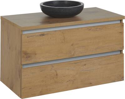 Saqu Gaia voorgemonteerd badmeubel met aluminium greeplijst incl. natuursteen-look massieve waskom 80,2×51,5cm wild eiken