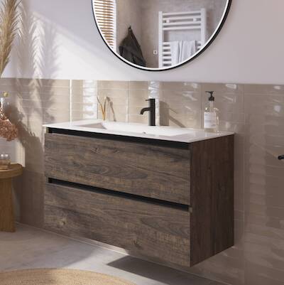Saqu Gaia voorgemonteerd badmeubel met zwarte greeplijst incl. keramische wastafel 101x46cm kasteel bruin