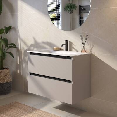 Saqu Gaia voorgemonteerd badmeubel met zwarte greeplijst incl. keramische wastafel 81x46cm mat greige