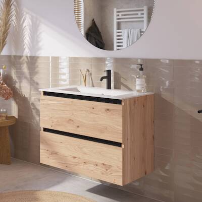 Saqu Gaia voorgemonteerd badmeubel met zwarte greeplijst incl. keramische wastafel 81x46cm naturel eiken