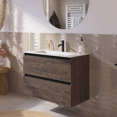 Saqu Gaia voorgemonteerd badmeubel met zwarte greeplijst incl. keramische wastafel 81x51cm kasteel bruin