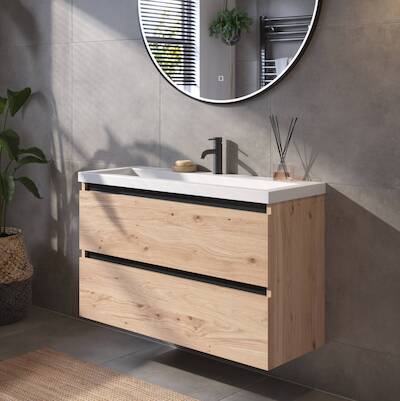 Saqu Gaia voorgemonteerd ondiep badmeubel met zwarte greeplijst incl. wastafel 100x40cm naturel eiken
