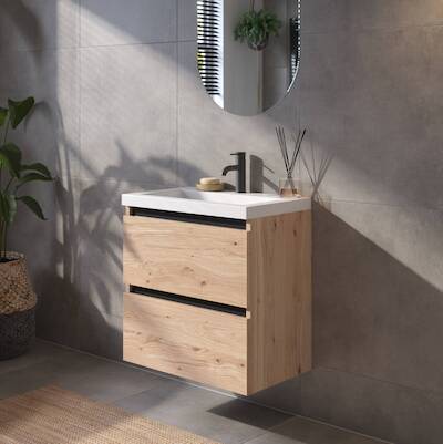 Saqu Gaia voorgemonteerd ondiep badmeubel met zwarte greeplijst incl. wastafel 60x40cm naturel eiken