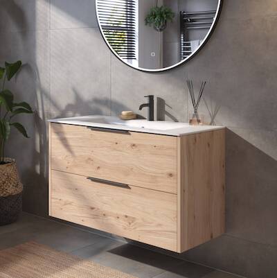 Saqu Lima voorgemonteerd badmeubel met mat zwarte greep incl. keramische wastafel 101x46cm naturel eiken