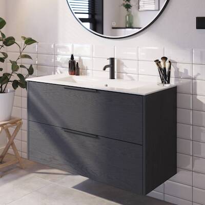 Saqu Lima voorgemonteerd badmeubel met mat zwarte greep incl. keramische wastafel 101x51cm gebrand zwart