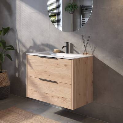 Saqu Lima voorgemonteerd badmeubel met mat zwarte greep incl. keramische wastafel 81x46cm naturel eiken