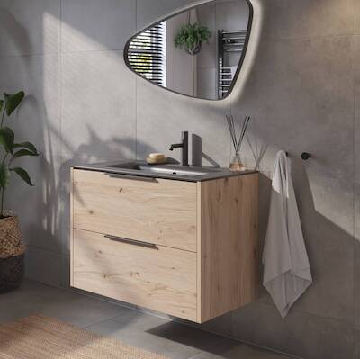 Saqu Lima voorgemonteerd badmeubel met mat zwarte greep incl. mat zwarte keramische wastafel 81x46cm naturel eiken