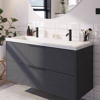 Saqu Lima voorgemonteerd badmeubel met mat zwarte greep incl. wastafel 120,5×51,5cm gebrand zwart