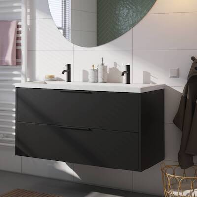Saqu Lima voorgemonteerd badmeubel met mat zwarte greep incl. wastafel 120,5×51,5cm zijdeglans zwart