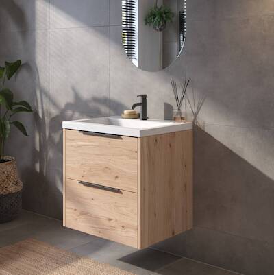 Saqu Lima voorgemonteerd badmeubel met mat zwarte greep incl. wastafel 60,5×51,5cm naturel eiken