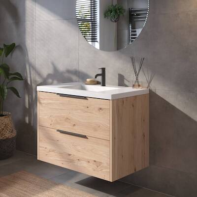 Saqu Lima voorgemonteerd badmeubel met mat zwarte greep incl. wastafel 80,5×51,5cm naturel eiken
