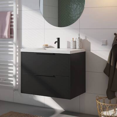 Saqu Lima voorgemonteerd badmeubel met mat zwarte greep incl. wastafel 80,5×51,5cm zijdeglans zwart