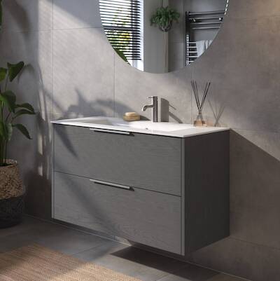 Saqu Lima voorgemonteerd badmeubel met rvs greep incl. keramische wastafel 101x46cm gebrand zwart