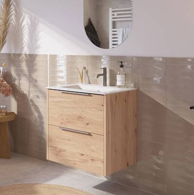 Saqu Lima voorgemonteerd badmeubel met rvs greep incl. keramische wastafel 61x51cm naturel eiken