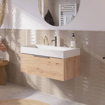 Saqu Lima voorgemonteerd badmeubel met rvs greep incl. wastafel 80x46cm naturel eiken