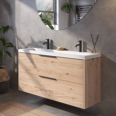 Saqu Lima voorgemonteerd ondiep badmeubel met mat zwarte greep incl. wastafel 120,5x40cm naturel eiken
